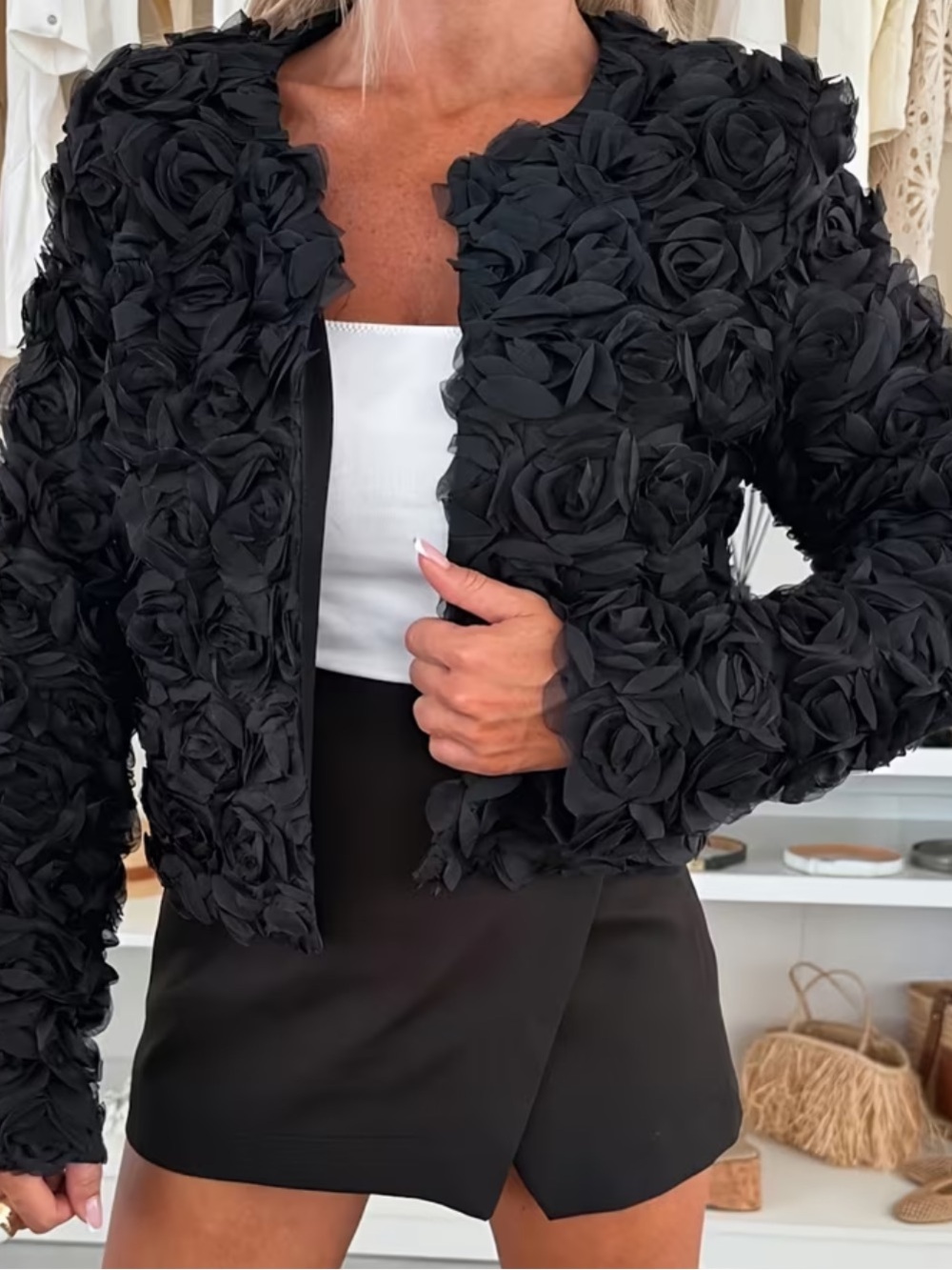New Women 3D Floral Appliqué Open Front Cropped Jacket, for Daily Banquet Attend